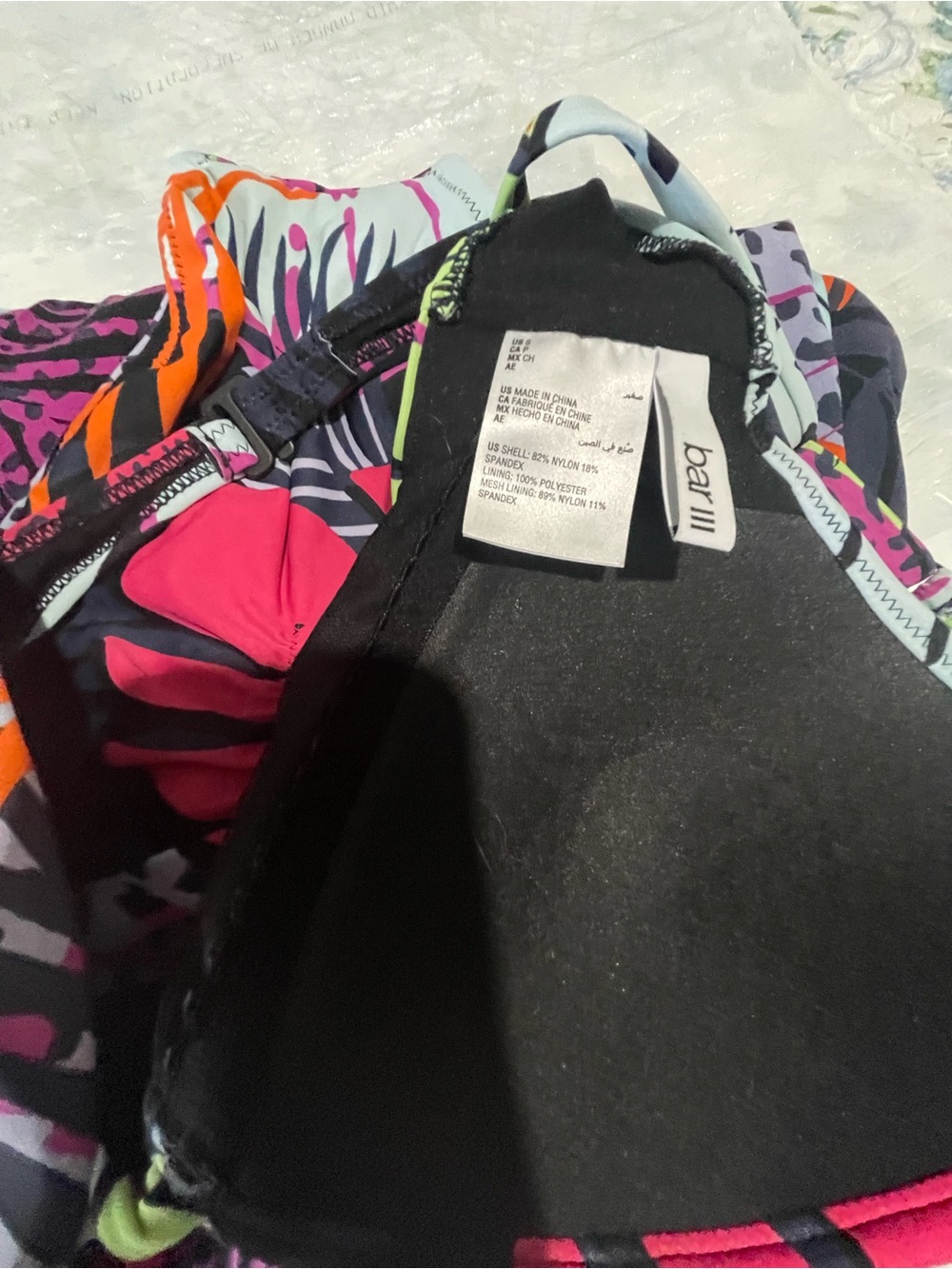 Bar III Tropical Print One-Piece Swimsuit in Pink, Orange, Lime, Black, White - Picture 4 of 5